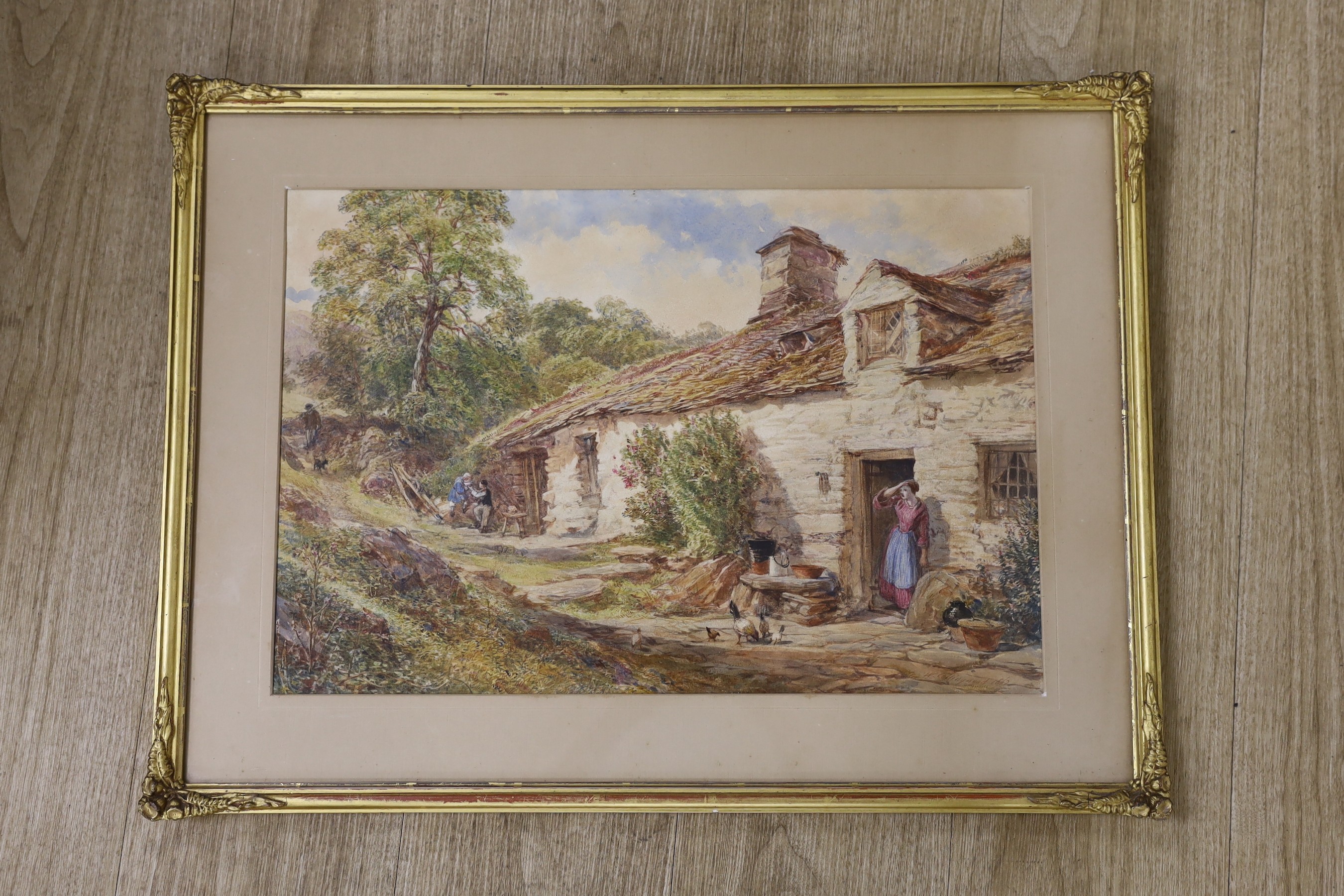 William Collingwood (1819-1903), watercolour, Landscape with figures beside a cottage, signed and dated 1862, 34 x 50cm